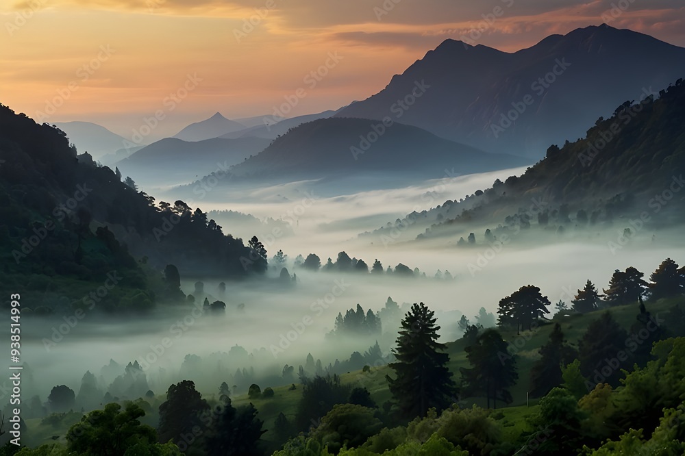 Fototapeta premium Serene Dawn Over Misty Mountains