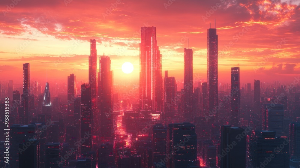 Futuristic City Skyline Sunset with Red Sky and Tall Buildings Futuristic City Skyline Sunset with Red Sky and Tall Buildings
