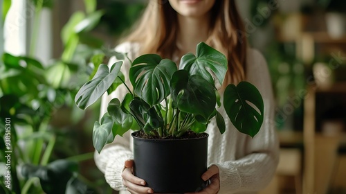 Woman holds home plant rare variegate monstera Alba into pot in home interior : Generative AI photo