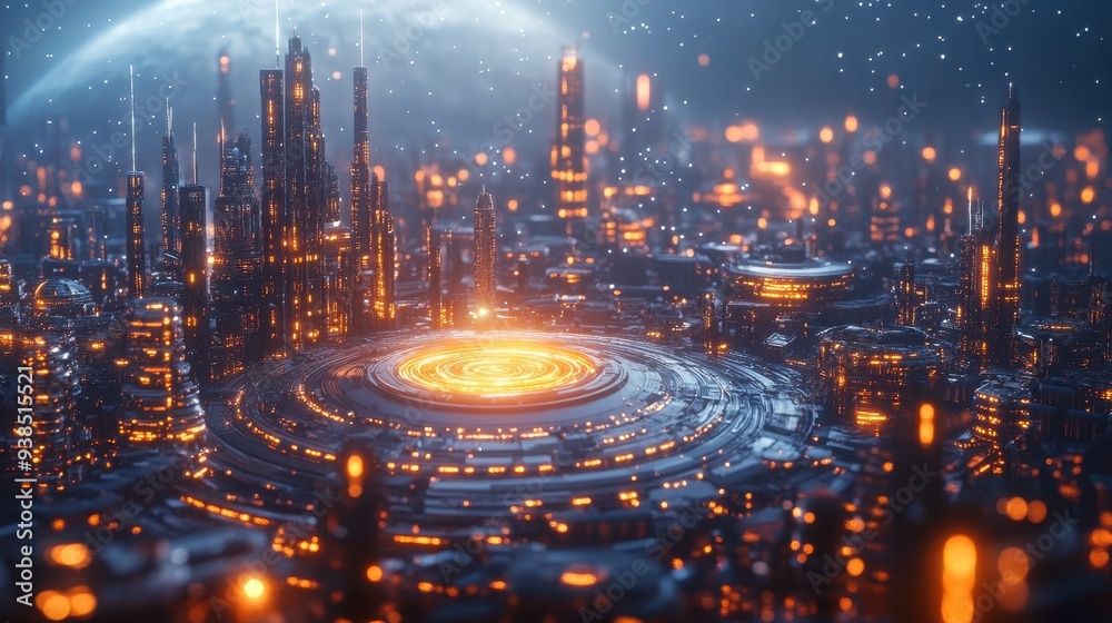 Obraz premium Futuristic Cityscape with Glowing Lights and Circular Design