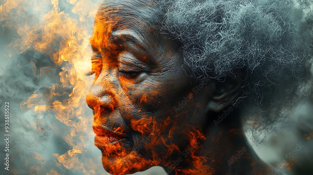 Obraz premium Abstract double exposure effect portrait of a depressed and lonely elderly senior black African American woman suffering with loneliness Alzheimer's dementia degenerative brain disease