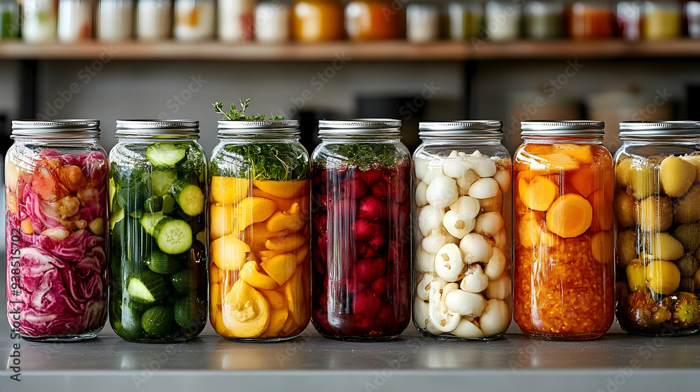 A row of seven glass jars filled with various pickled vegetables and fruit. A row of seven glass jars filled with various pickled vegetables and fruit.