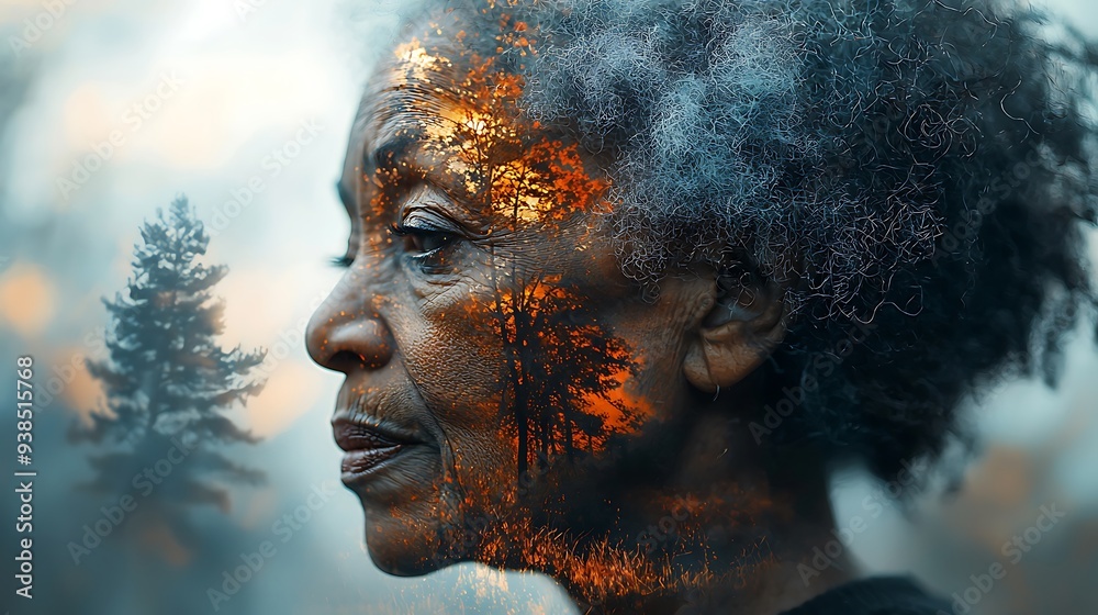 Abstract double exposure effect portrait of a depressed and lonely elderly senior black African American woman suffering with loneliness Alzheimer's dementia degenerative brain disease Abstract double exposure effect portrait of a depressed and lonely elderly senior black African American woman suffering with loneliness Alzheimer's dementia degenerative brain disease