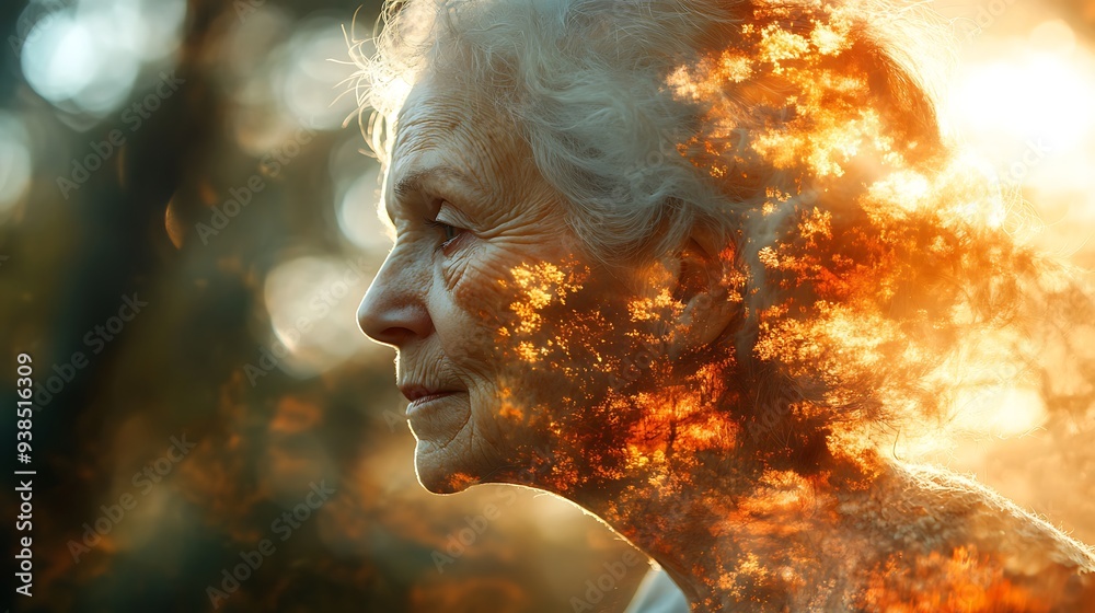 Abstract double exposure effect portrait of a depressed and lonely elderly senior black African American woman suffering with loneliness Alzheimer's dementia degenerative brain disease Abstract double exposure effect portrait of a depressed and lonely elderly senior black African American woman suffering with loneliness Alzheimer's dementia degenerative brain disease