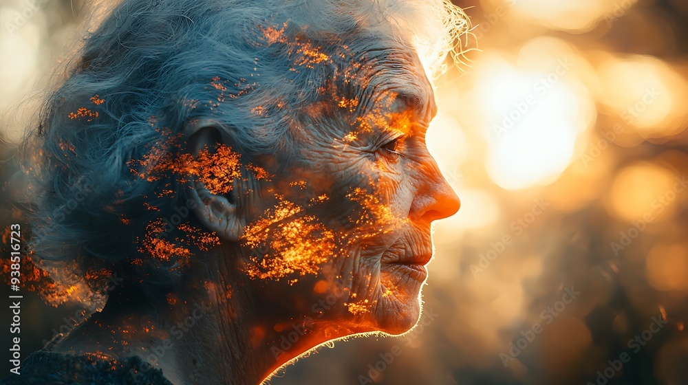 Abstract double exposure effect portrait of a depressed and lonely elderly senior black African American woman suffering with loneliness Alzheimer's dementia degenerative brain disease Abstract double exposure effect portrait of a depressed and lonely elderly senior black African American woman suffering with loneliness Alzheimer's dementia degenerative brain disease