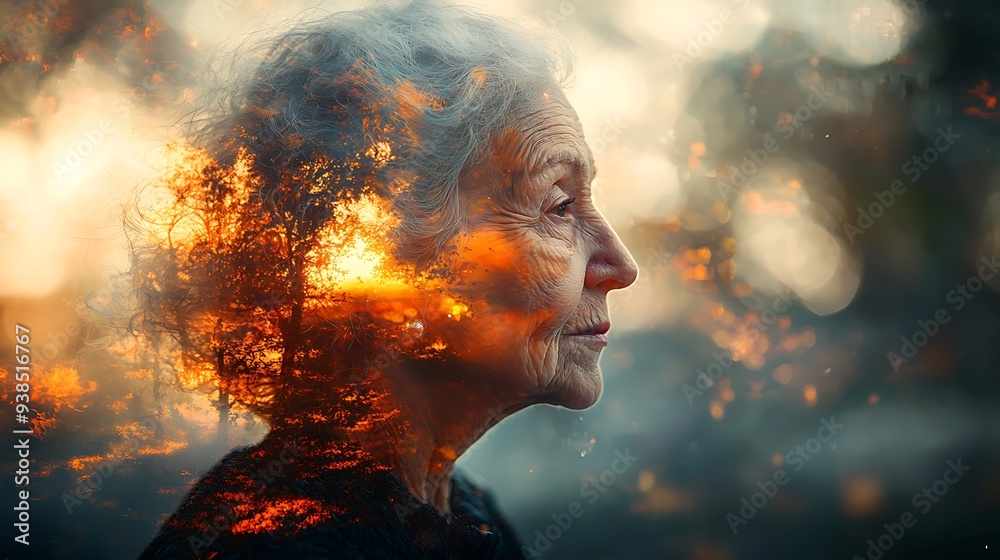 Abstract double exposure effect portrait of a depressed and lonely elderly senior black African American woman suffering with loneliness Alzheimer's dementia degenerative brain disease Abstract double exposure effect portrait of a depressed and lonely elderly senior black African American woman suffering with loneliness Alzheimer's dementia degenerative brain disease