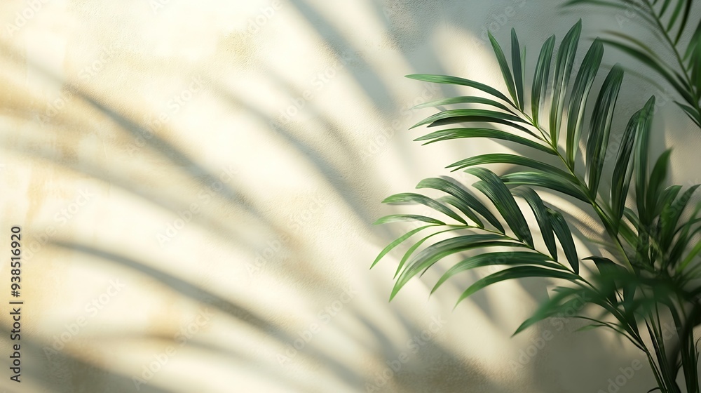 Fototapeta premium Blurred shadow from palm leaves on light cream wall Minimalistic beautiful summer spring background for product presentation : Generative AI