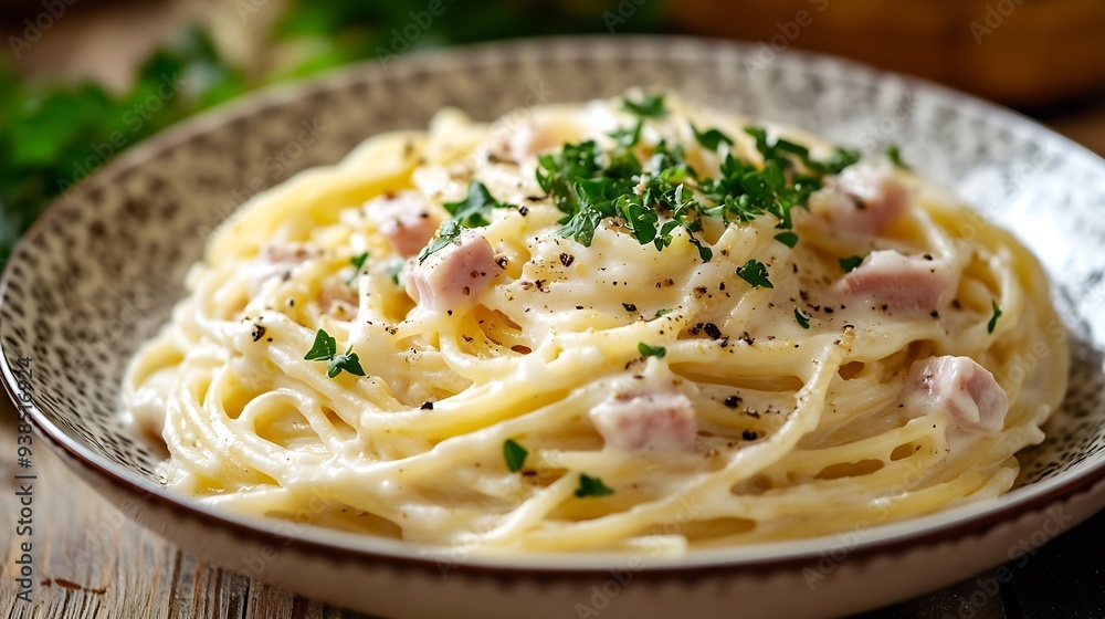 homemade spaghetti white cream sauce with ham Italian food style : Generative AI homemade spaghetti white cream sauce with ham Italian food style : Generative AI