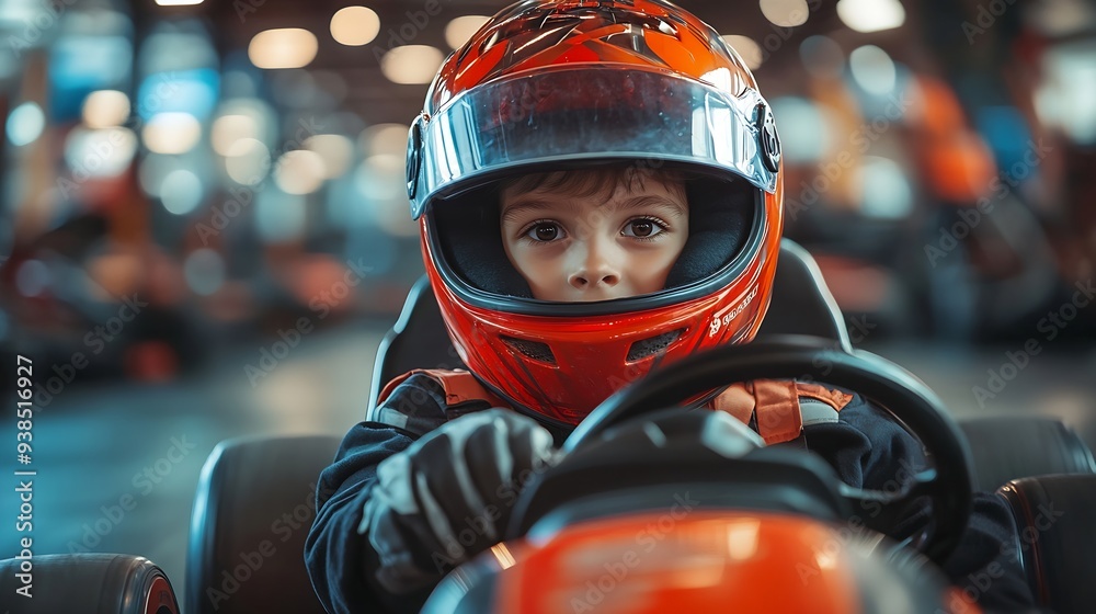 focused speed racer in helmet driving go kart car on indoor circuit motorsport competition concept : Generative AI focused speed racer in helmet driving go kart car on indoor circuit motorsport competition concept : Generative AI