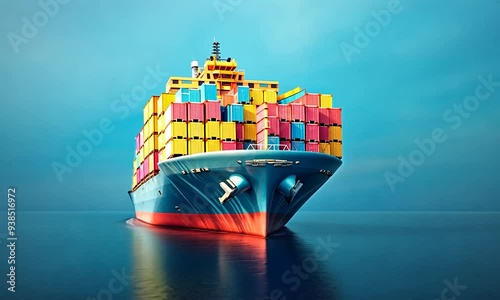 2D cartoon style cargo ship carrying containers in ocean transportation isolated on a blue background Concept of maritime shipping featuring a 2D illustration or render with clipping path
