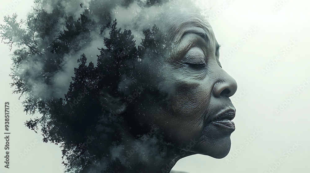Abstract double exposure effect portrait of a depressed and lonely elderly senior black African American woman suffering with loneliness Alzheimer's dementia degenerative brain disease Abstract double exposure effect portrait of a depressed and lonely elderly senior black African American woman suffering with loneliness Alzheimer's dementia degenerative brain disease