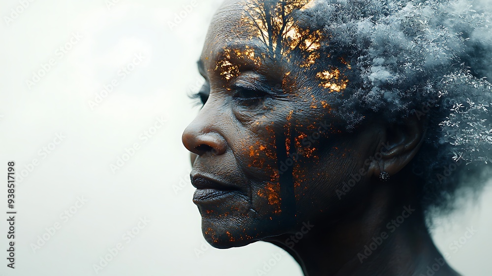 Abstract double exposure effect portrait of a depressed and lonely elderly senior black African American woman suffering with loneliness Alzheimer's dementia degenerative brain disease Abstract double exposure effect portrait of a depressed and lonely elderly senior black African American woman suffering with loneliness Alzheimer's dementia degenerative brain disease