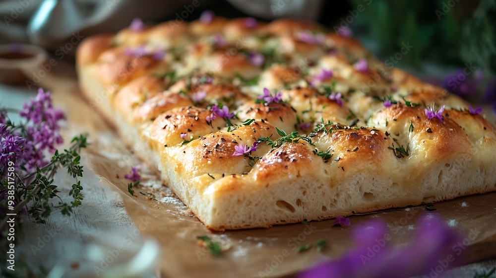 Freshly baked foccacia with herbs and flowers : Generative AI Freshly baked foccacia with herbs and flowers : Generative AI