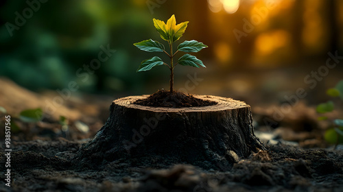 A small tree seedling growing out of a tree stump in a forest.