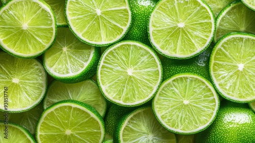 Fresh juicy lime slices as background, top view , ai
