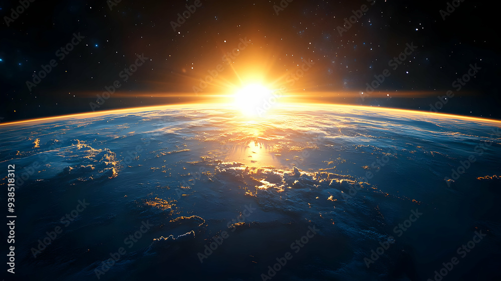 A vibrant sunrise illuminates Earth from space, with glowing clouds and a starry sky. A vibrant sunrise illuminates Earth from space, with glowing clouds and a starry sky.