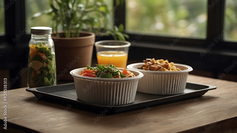 Healthy lunch with salad, fruit, and juice on a wooden table. Healthy lunch with salad, fruit, and juice on a wooden table.