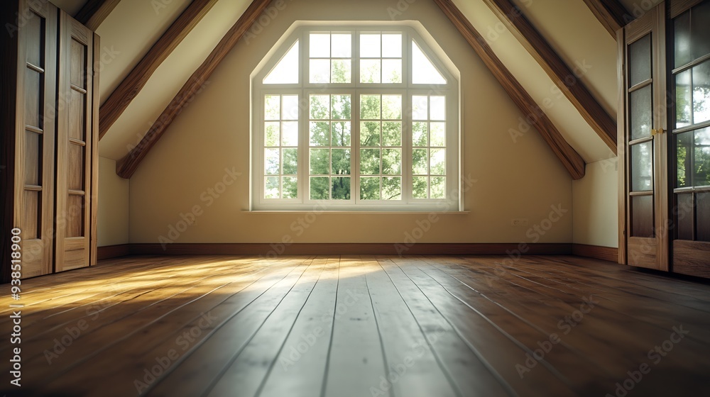 Fototapeta premium A cozy and spacious mansard styled empty room in a luxury house : Generative AI