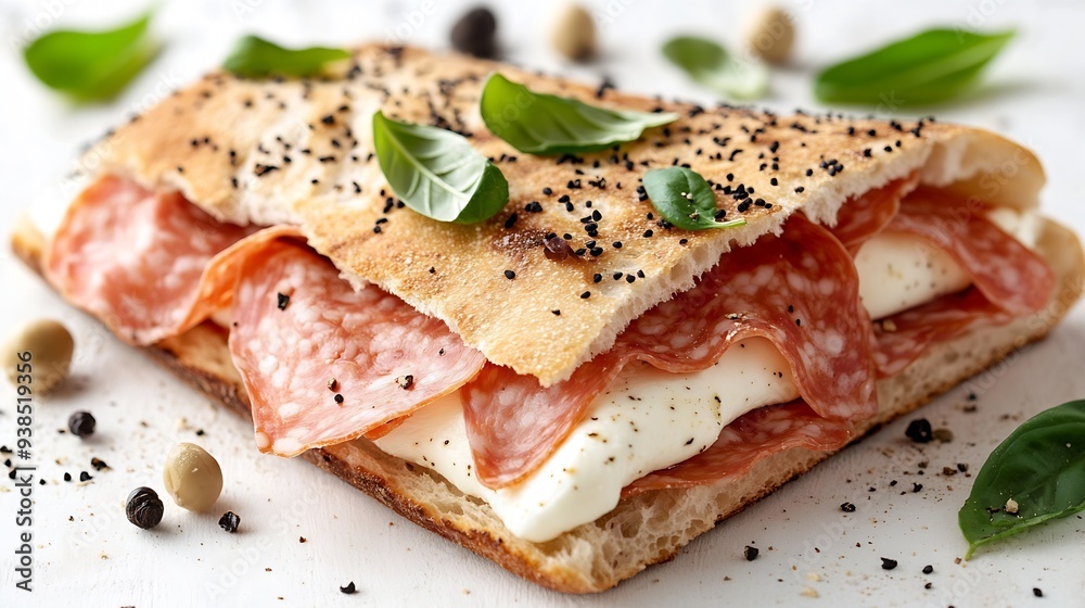 Delicious roman pinsa with mortadella and buffalo mozzarella isolated on white background italian food : Generative AI Delicious roman pinsa with mortadella and buffalo mozzarella isolated on white background italian food : Generative AI