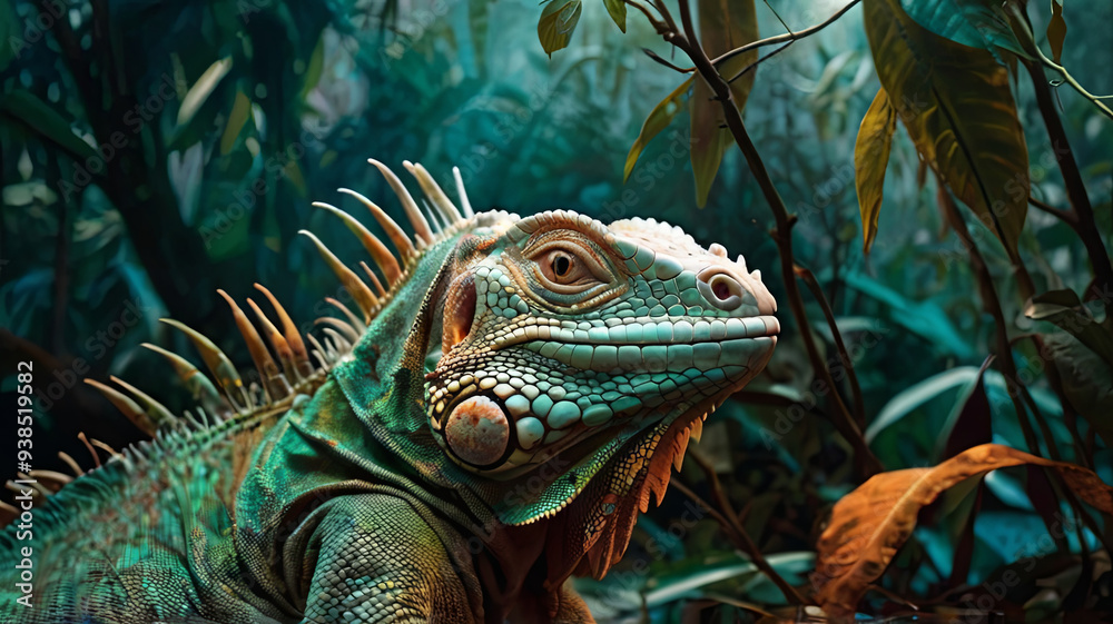 a surreal and vibrant cinematic photo of an iguana, nestled in a mystical jungle clearing surrounded by eerie fog and twisted vines a surreal and vibrant cinematic photo of an iguana, nestled in a mystical jungle clearing surrounded by eerie fog and twisted vines