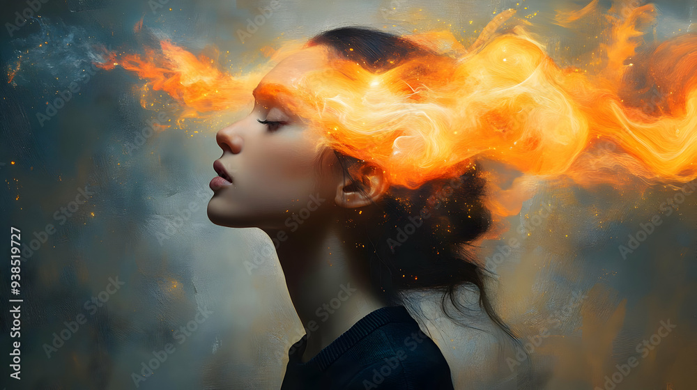 A woman with fire in her hair, eyes closed, and looking up. A woman with fire in her hair, eyes closed, and looking up.