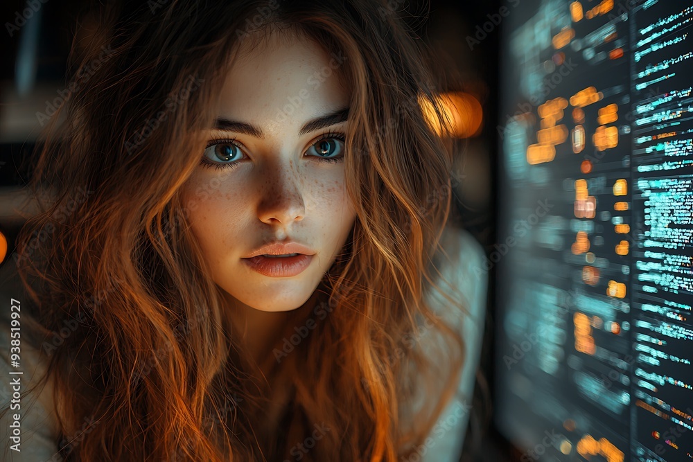 AI cyber security concept. Female IT Computer specialist analyzing artificial intelligence digital threats to consumer data & privacy breach. Software developer coding & ethical hacking in dark office AI cyber security concept. Female IT Computer specialist analyzing artificial intelligence digital threats to consumer data & privacy breach. Software developer coding & ethical hacking in dark office