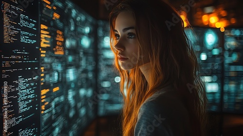 AI cyber security concept. Female IT Computer specialist analyzing artificial intelligence digital threats to consumer data & privacy breach. Software developer coding & ethical hacking in dark office