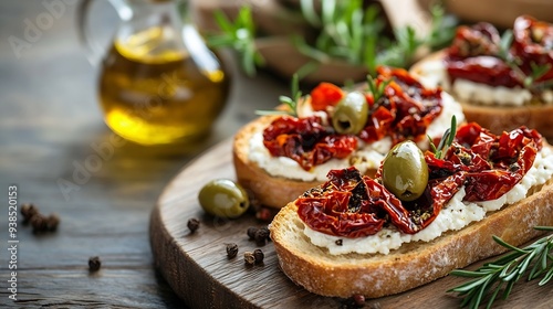 Two bruschettas with ricotta cheese olive and dried tomatoes on ciabatta bread on wooden background Olive oil and spices decorated Copyspace : Generative AI