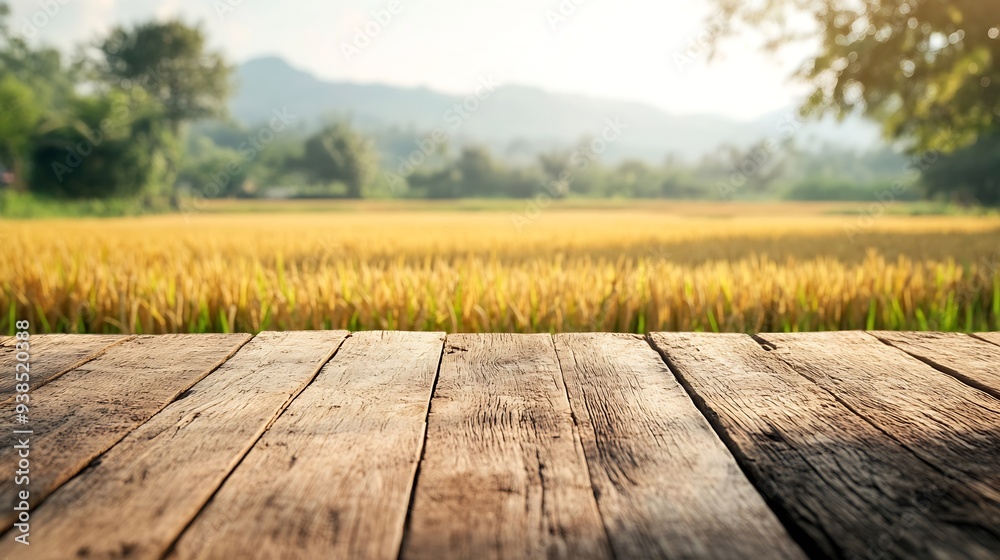 Wooden table top on blur rice field background in daytimeHarvest rice or whole wheatFor montage product display or design key visual layoutView of copy space : Generative AI Wooden table top on blur rice field background in daytimeHarvest rice or whole wheatFor montage product display or design key visual layoutView of copy space : Generative AI