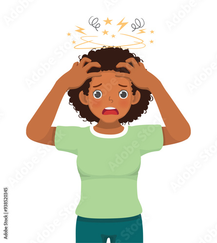 Young African woman feeling stressed frustrated squeezing her head suffer from headache, migraine, tension, and emotional problems because of overworked