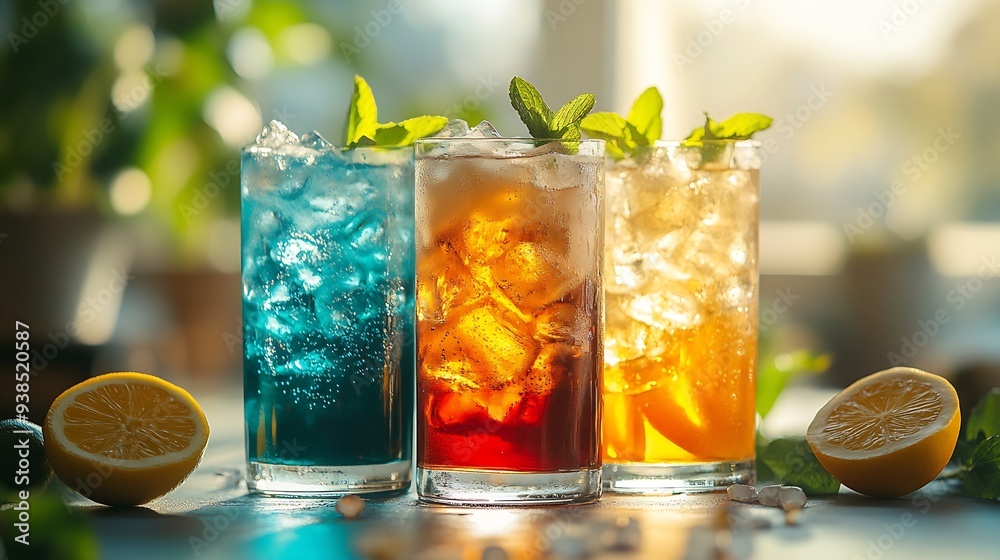 Fototapeta premium Still life photography cold drinks on the table : Generative AI