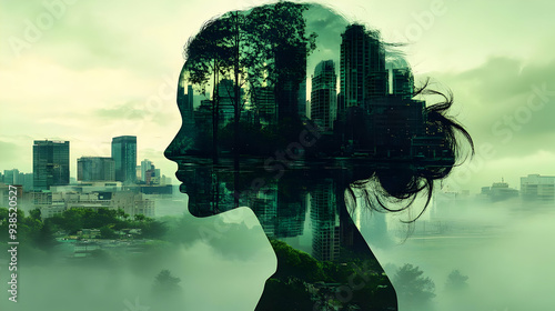 A woman's silhouette, with a city skyline reflected inside her, against a hazy green backdrop.