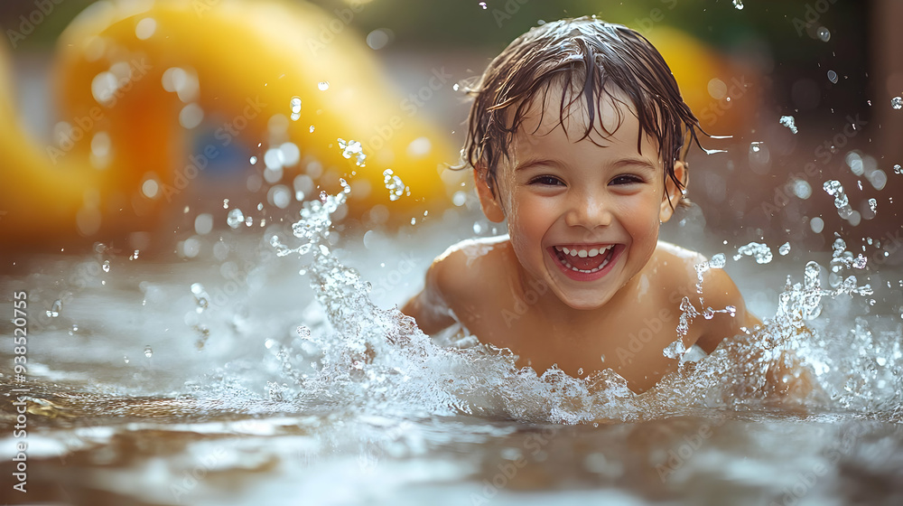 A young boy laughs with joy as he swims in a pool. A young boy laughs with joy as he swims in a pool.