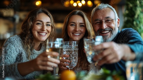 Portrait Of Three Generation Family Indoors At Home Doing Cheers With Water Before Eating Meal : Generative AI