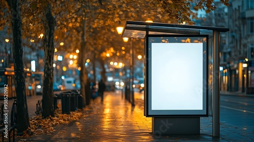 bus shelter with blank ad panel billboard display empty white lightbox sign at bus stop billboard mockup glass structure city transit station urban street park setting outdoor advertis : Generative AI