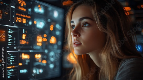 AI cyber security concept. Female IT Computer specialist analyzing artificial intelligence digital threats to consumer data & privacy breach. Software developer coding & ethical hacking in dark office