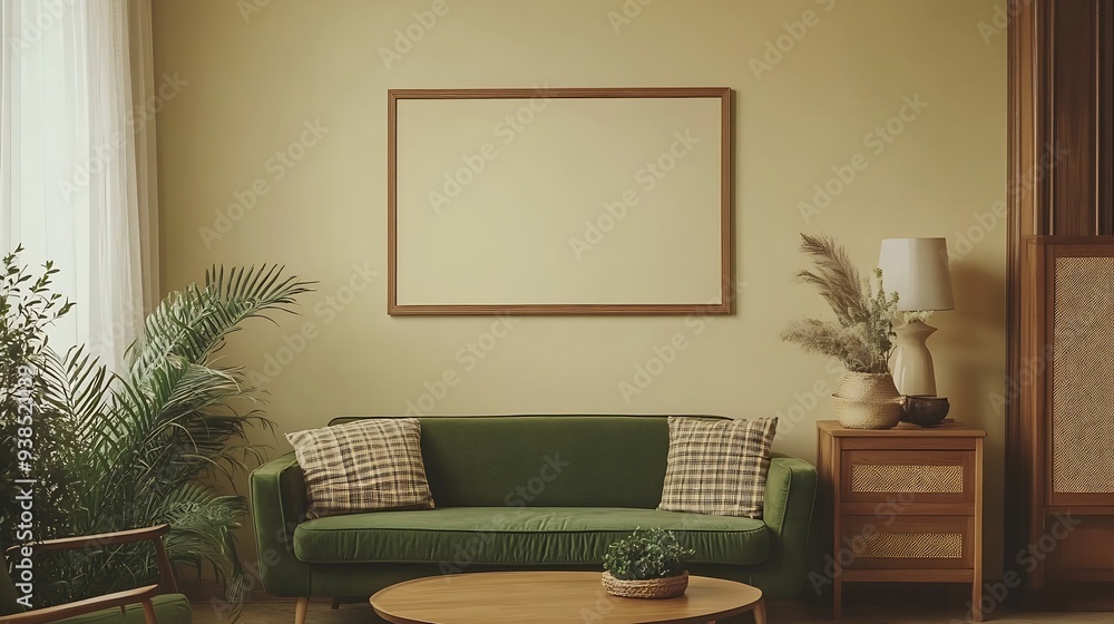 Warm and cozy living room interior with mock up poster frame green sofa wooden coffee table beige wall stylish sideboard beige carpet plaid and personal accessories Home decor Template : Generative AI Warm and cozy living room interior with mock up poster frame green sofa wooden coffee table beige wall stylish sideboard beige carpet plaid and personal accessories Home decor Template : Generative AI