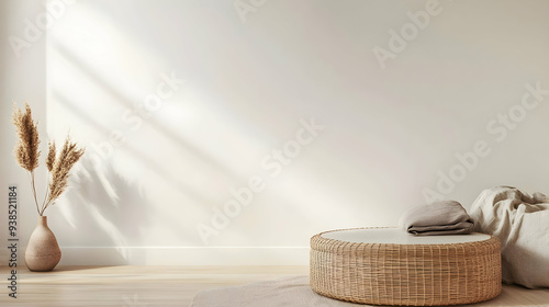 A Scandinavian-inspired scene where an empty rattan podium is placed on a light wooden floor, with minimalist furniture and soft, neutral-colored textiles around it