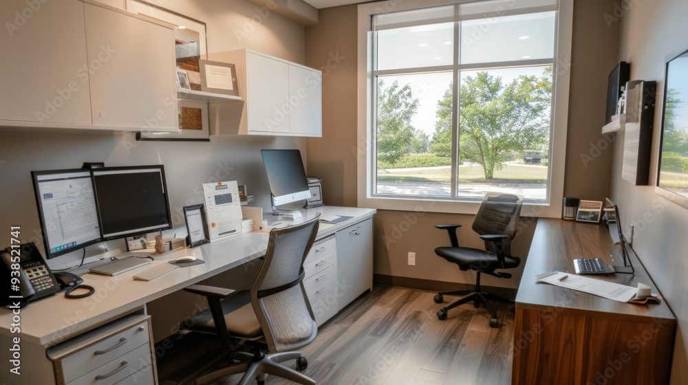 Organized telehealth office with digital tools, ergonomic seating, and professional setup, clean and modern with ample copy space for virtual healthcare designs