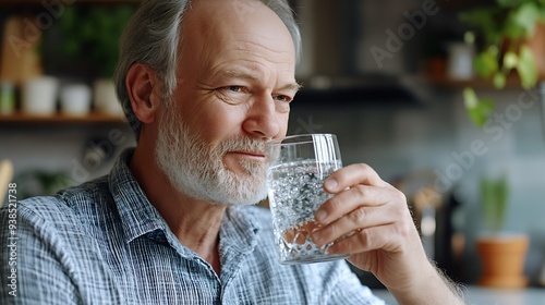 Healthy senior man drinking glass of water in his kitchen elderly gentleman showcasing the importance of hydration for wellbeing standing in relaxed posture reflecting healthy lifestyl : Generative AI photo