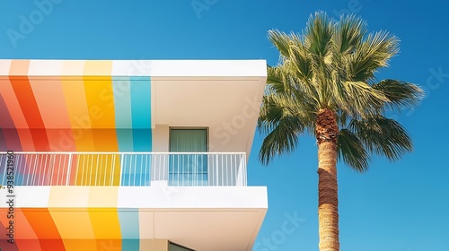 White building with colorful rainbow stripes and a palm tree in Palm Springs California : Generative AI
