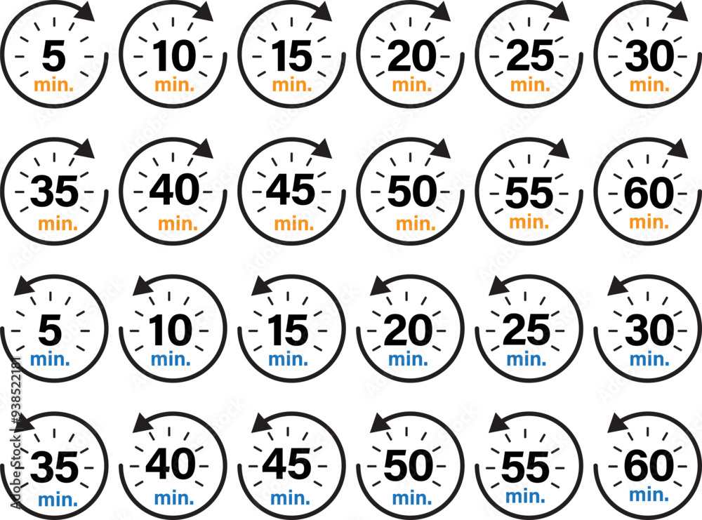 Fast forward and rewind icons with circle arrows and minute numbers. Fast forward and rewind icons with circle arrows and minute numbers.