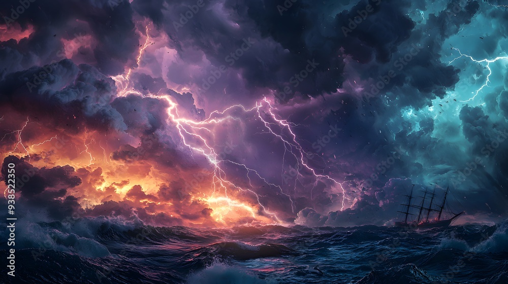 Fototapeta premium Ship Sailing Through a Stormy Sea.