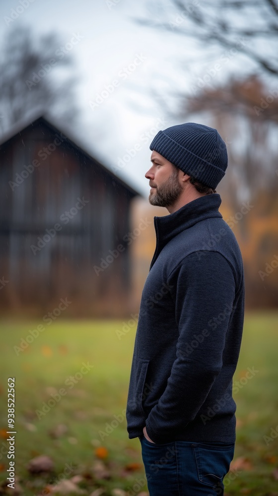 Side profile of a man wearing a knit beanie and dark sweater, standing thoughtfully in a rural outdoor setting with autumn leaves and an old barn in the background, evoking a sense of solitude and ref Side profile of a man wearing a knit beanie and dark sweater, standing thoughtfully in a rural outdoor setting with autumn leaves and an old barn in the background, evoking a sense of solitude and ref