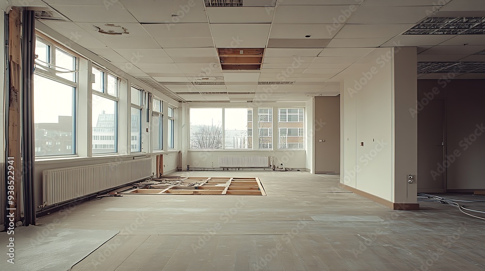 An empty office with all the materials removed raised floors and cables hung to make a new renovation : Generative AI An empty office with all the materials removed raised floors and cables hung to make a new renovation : Generative AI