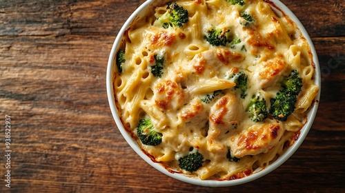 Chicken broccoli pasta baked in creamy sauce and cheese Delicious hot lunch meal dinner or breakfast Healthy eating concept Close up view food White wooden table Chicken fillet vegetab : Generative AI photo