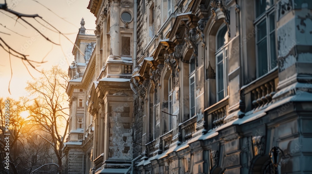 Piece of a historic structure's exterior during a cold season Piece of a historic structure's exterior during a cold season