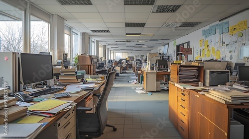 Wide angle view at empty office interior with lived in and cluttered workplace desks copy space : Generative AI