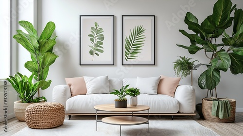 Domestic interior of living room with design sofa mock up poster frames a lot of plants coffee table room screen and elegant personal accessoreis in modern home decor Template : Generative AI photo