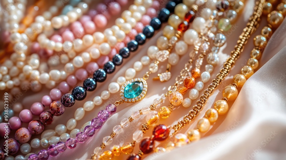 A collection of beaded necklaces with colorful gemstones, displayed on a soft, elegant background A collection of beaded necklaces with colorful gemstones, displayed on a soft, elegant background